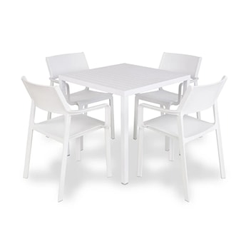 Zestaw ogrodowy stół kwadratowy Cube 80 cm i 4 krzesła z podłokietnikami Trill Nardi z certyfikowanego tworzywa biały