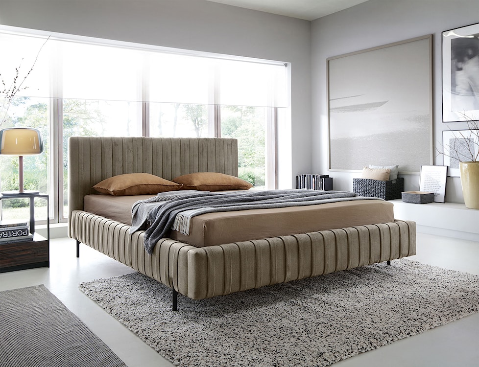 Łóżko tapicerowane Oluffo 160x200 cm z pojemnikiem stelaż metalowy beżowe plusz hydrofobowy  - zdjęcie 2
