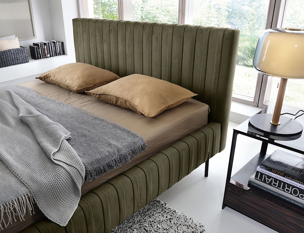 Łóżko tapicerowane Oluffo 140x200 cm z pojemnikiem stelaż metalowy khaki plusz hydrofobowy  - zdjęcie 4