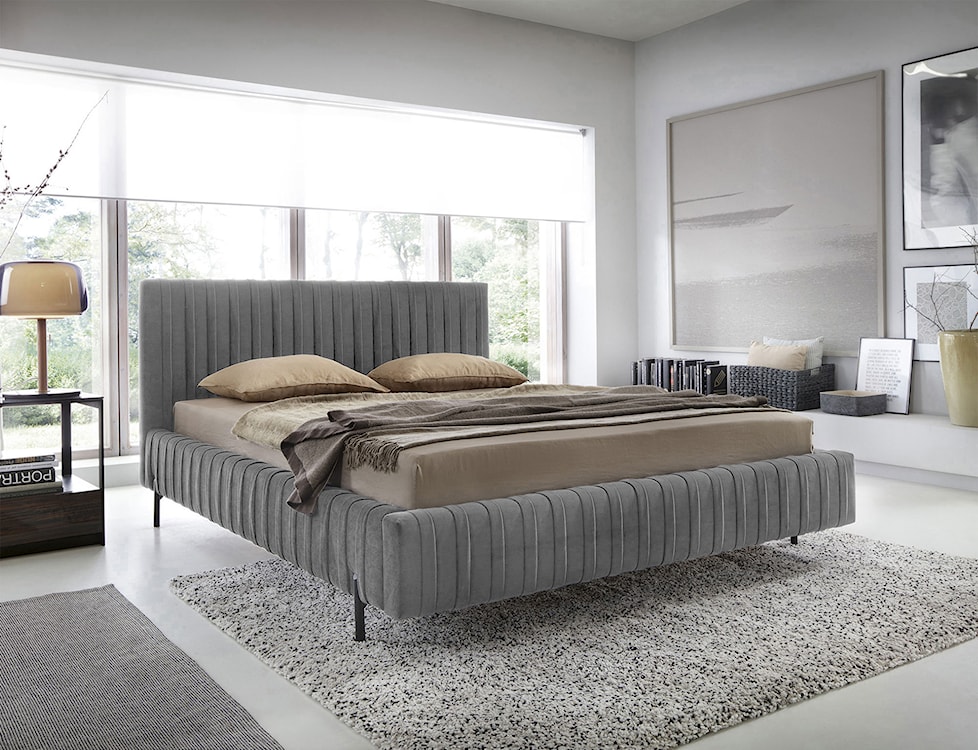 Łóżko tapicerowane Oluffo 160x200 cm z pojemnikiem stelaż metalowy szare welwet hydrofobowy  - zdjęcie 2