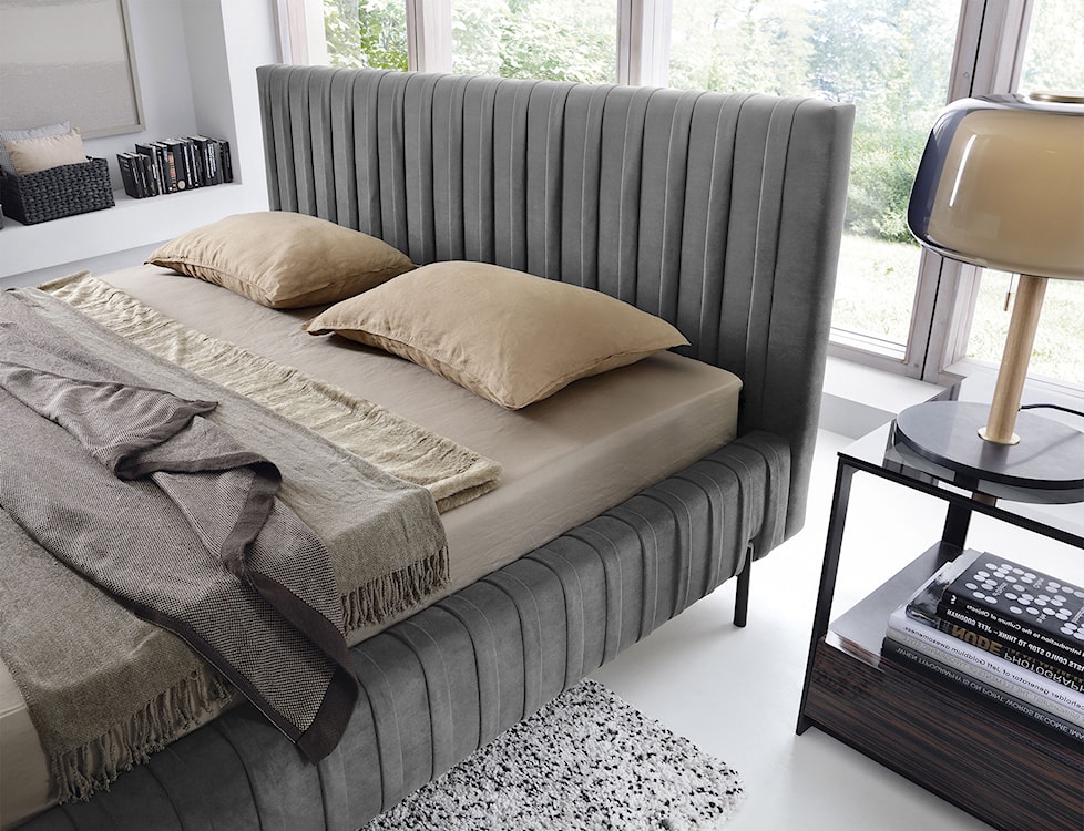 Łóżko tapicerowane Oluffo 140x200 cm z pojemnikiem stelaż metalowy szare welwet hydrofobowy  - zdjęcie 4