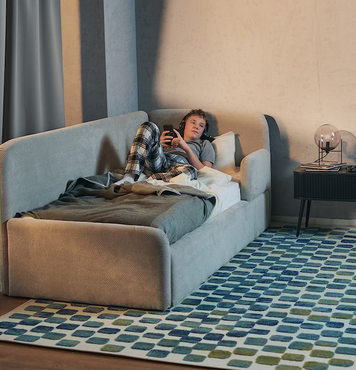 Łóżko młodzieżowe 120x200 cm Fanklo prawostronne z materacem pojemnikiem i barierkami szarobeżowe plusz hydrofobowy  - zdjęcie 4