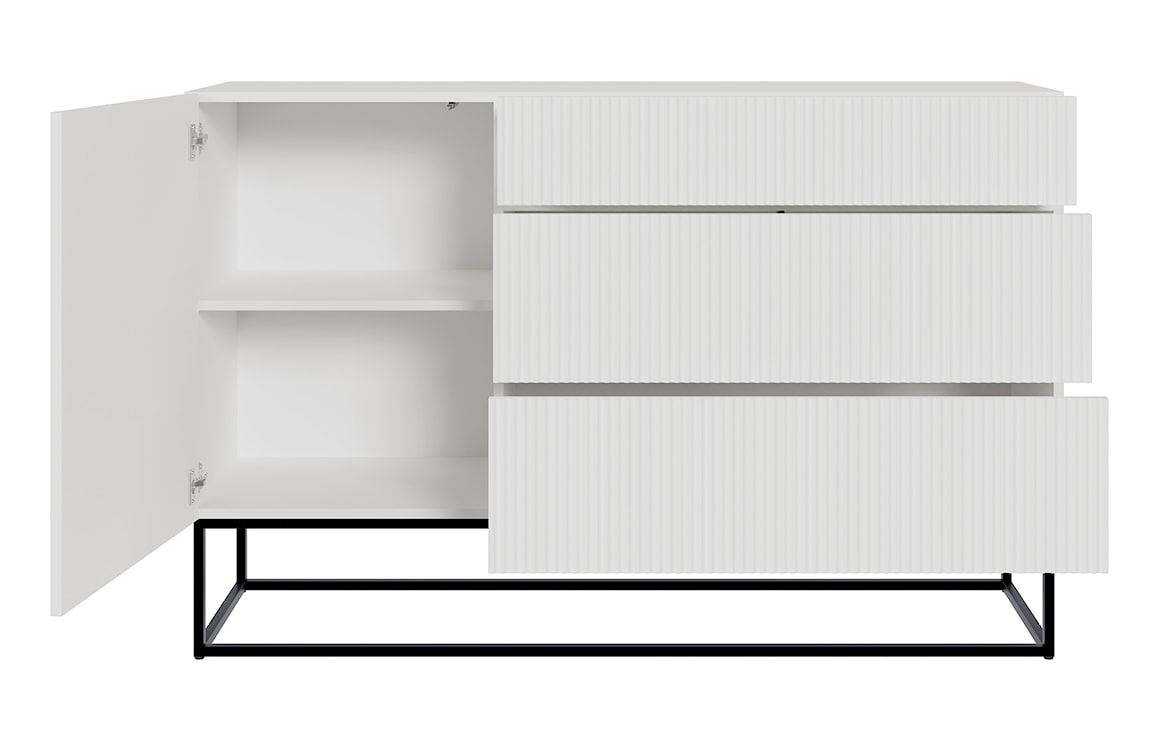 Komoda jednodrzwiowa Veldio z frezowanym frontem i trzema szufladami 140 cm Biała z czarnymi nogami  - zdjęcie 5