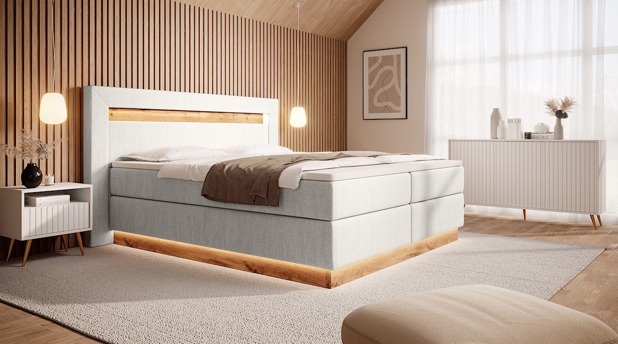 Łóżko kontynentalne Oski 160x200 cm z topperem kremowy welur  - zdjęcie 2
