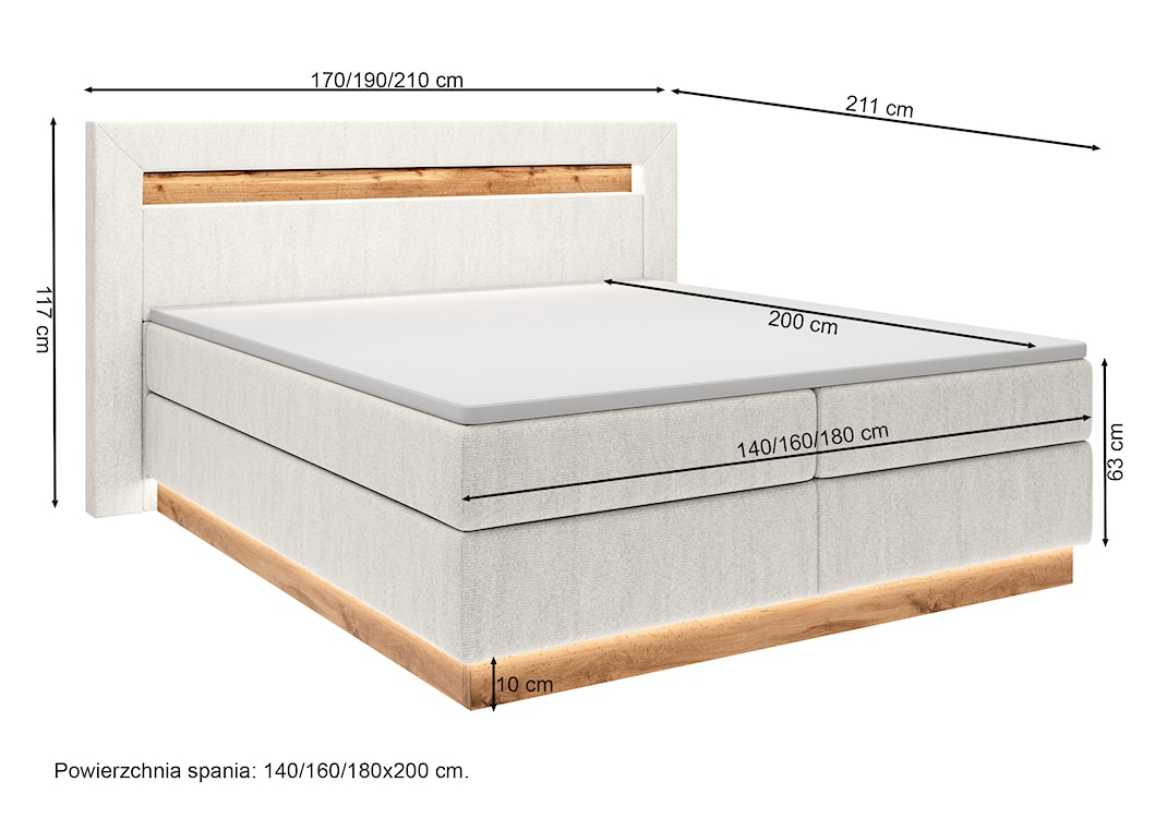 Łóżko kontynentalne Oski 140x200 cm z topperem kremowy welur  - zdjęcie 4