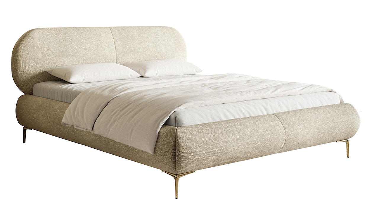 Łóżko tapicerowane 160x200 cm Ovalle z pojemnikiem stelaż metalowy beżowe szenil nóżki złote 