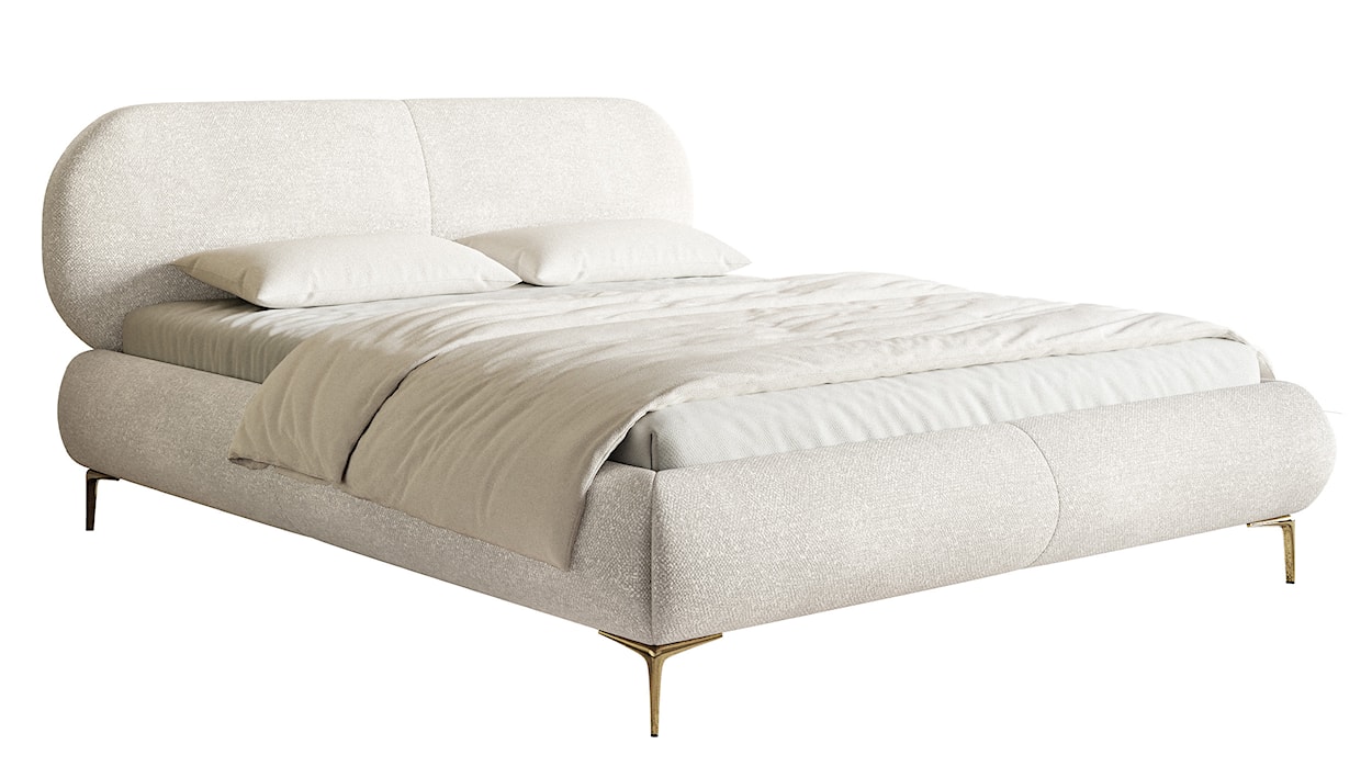 Łóżko tapicerowane 160x200 cm Ovalle z pojemnikiem stelaż metalowy kremowe szenil nóżki złote 