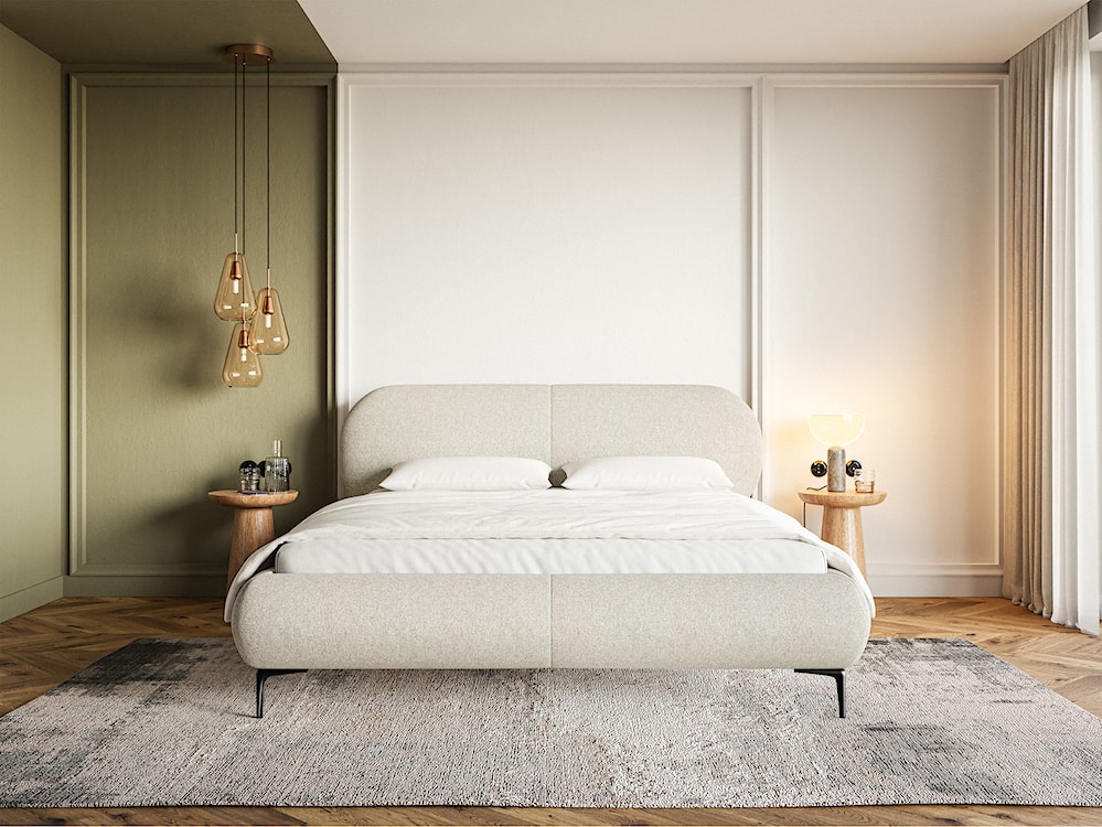Łóżko tapicerowane 140x200 cm Ovalle jasnobeżowe plecionka hydrofobowa nóżki czarne  - zdjęcie 2