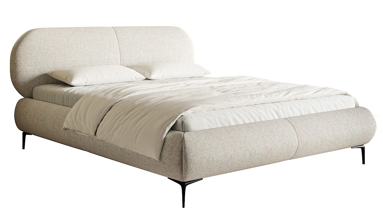 Łóżko tapicerowane 180x200 cm Ovalle z pojemnikiem stelaż metalowy jasnobeżowe plecionka hydrofobowa nóżki czarne