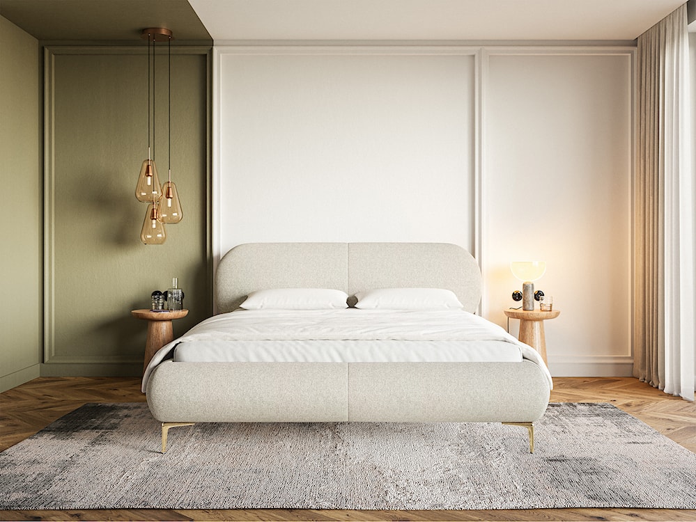 Łóżko tapicerowane 160x200 cm Ovalle jasnobeżowe plecionka hydrofobowa nóżki złote  - zdjęcie 2