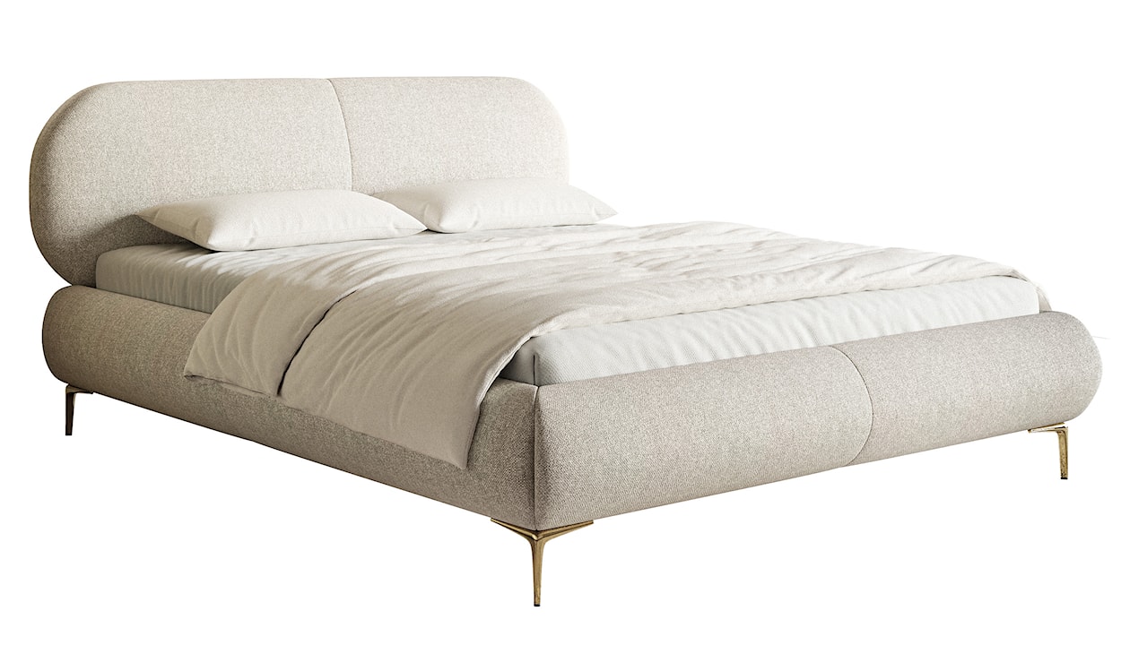 Łóżko tapicerowane 140x200 cm Ovalle z pojemnikiem stelaż metalowy jasnobeżowe plecionka hydrofobowa nóżki złote 