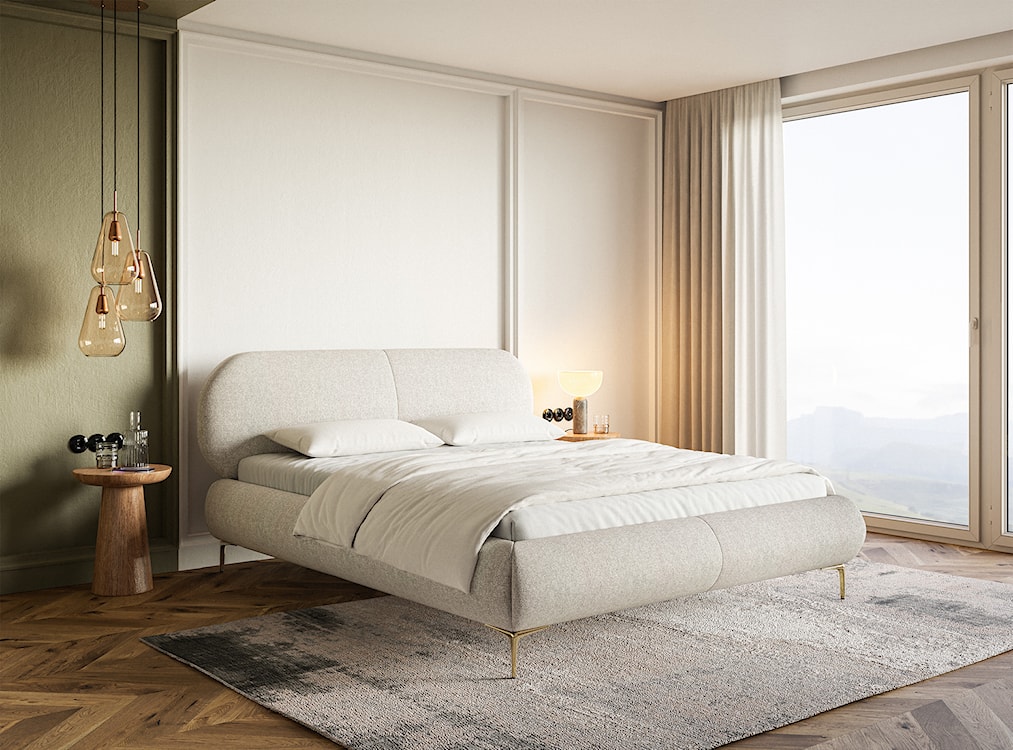 Łóżko tapicerowane 160x200 cm Ovalle z pojemnikiem stelaż metalowy jasnobeżowe plecionka hydrofobowa nóżki złote  - zdjęcie 3