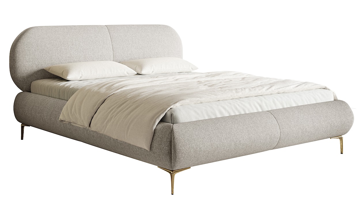 Łóżko tapicerowane 140x200 cm Ovalle szarobeżowe plecionka hydrofobowa nóżki złote 