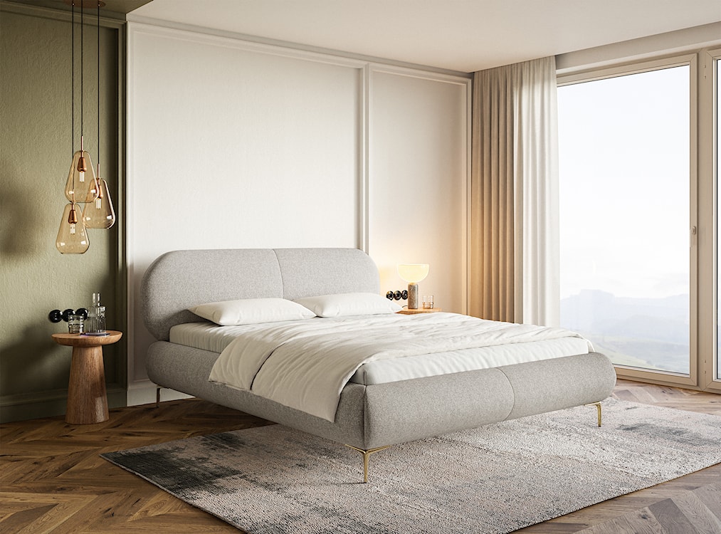 Łóżko tapicerowane 160x200 cm Ovalle szarobeżowe plecionka hydrofobowa nóżki złote  - zdjęcie 3