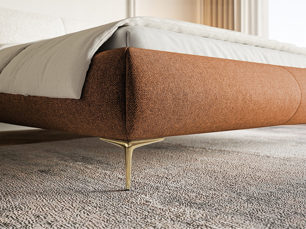 Łóżko tapicerowane 180x200 cm Ovalle z pojemnikiem stelaż metalowy miedziane plecionka hydrofobowa nóżki złote  - zdjęcie 4
