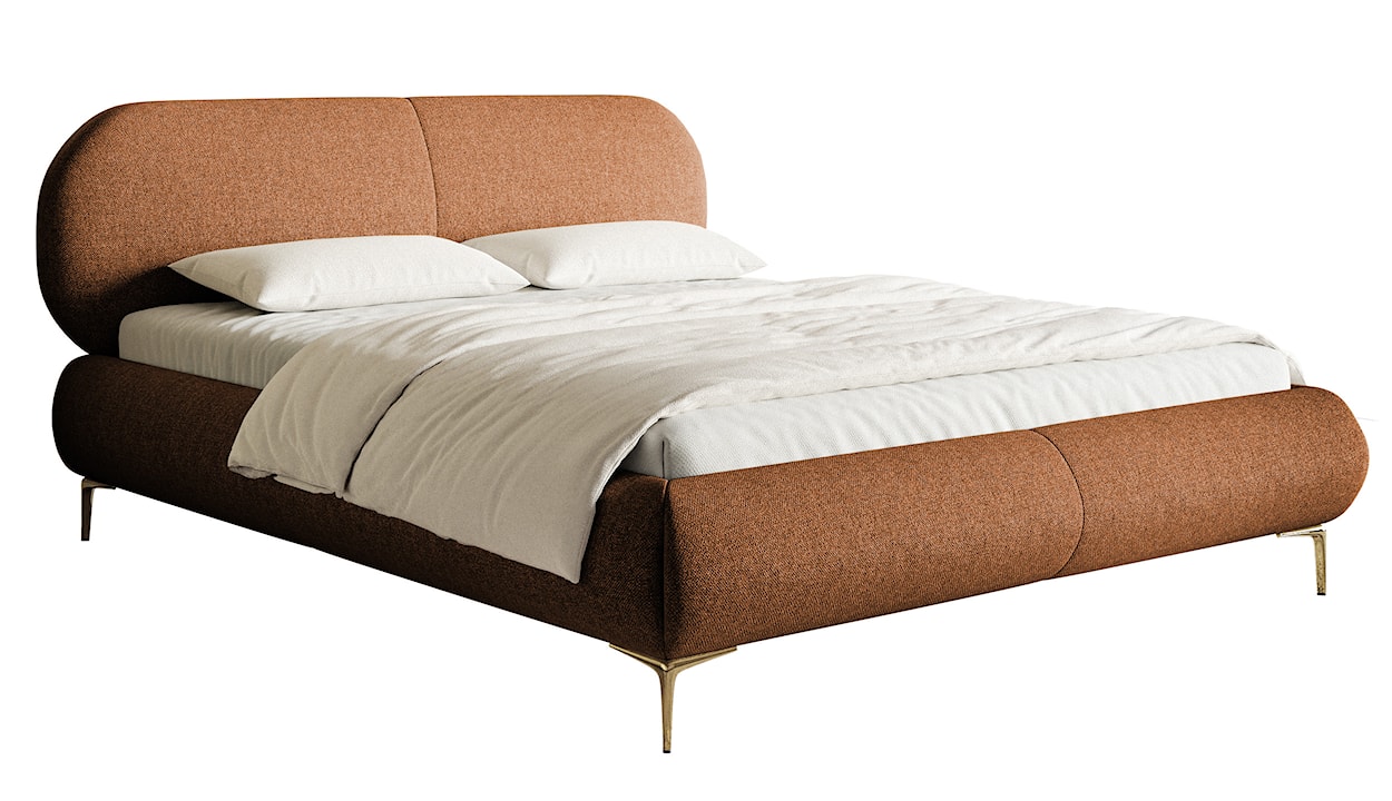 Łóżko tapicerowane 160x200 cm Ovalle z pojemnikiem stelaż metalowy miedziane plecionka hydrofobowa nóżki złote 