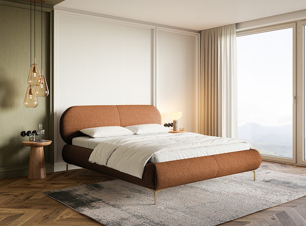Łóżko tapicerowane 160x200 cm Ovalle miedziane plecionka hydrofobowa nóżki złote  - zdjęcie 3