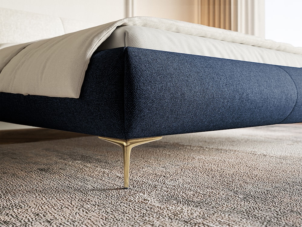 Łóżko tapicerowane 160x200 cm Ovalle z pojemnikiem stelaż metalowy granatowe plecionka hydrofobowa nóżki złote  - zdjęcie 4