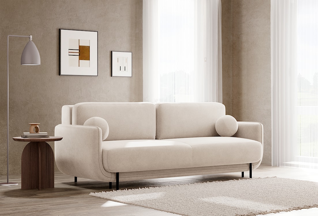 Kanapa rozkładana trzyosobowa Ovals jasnobeżowa welur  - zdjęcie 2