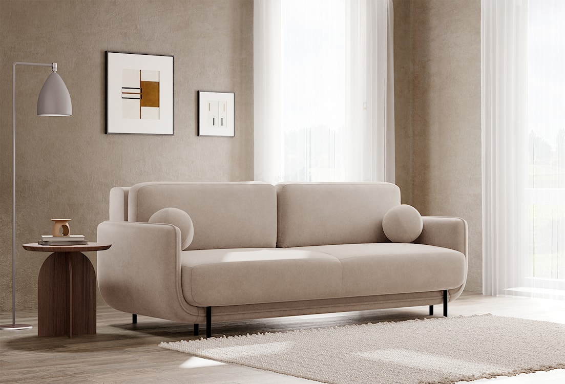 Kanapa rozkładana trzyosobowa Ovals beżowa welur  - zdjęcie 2