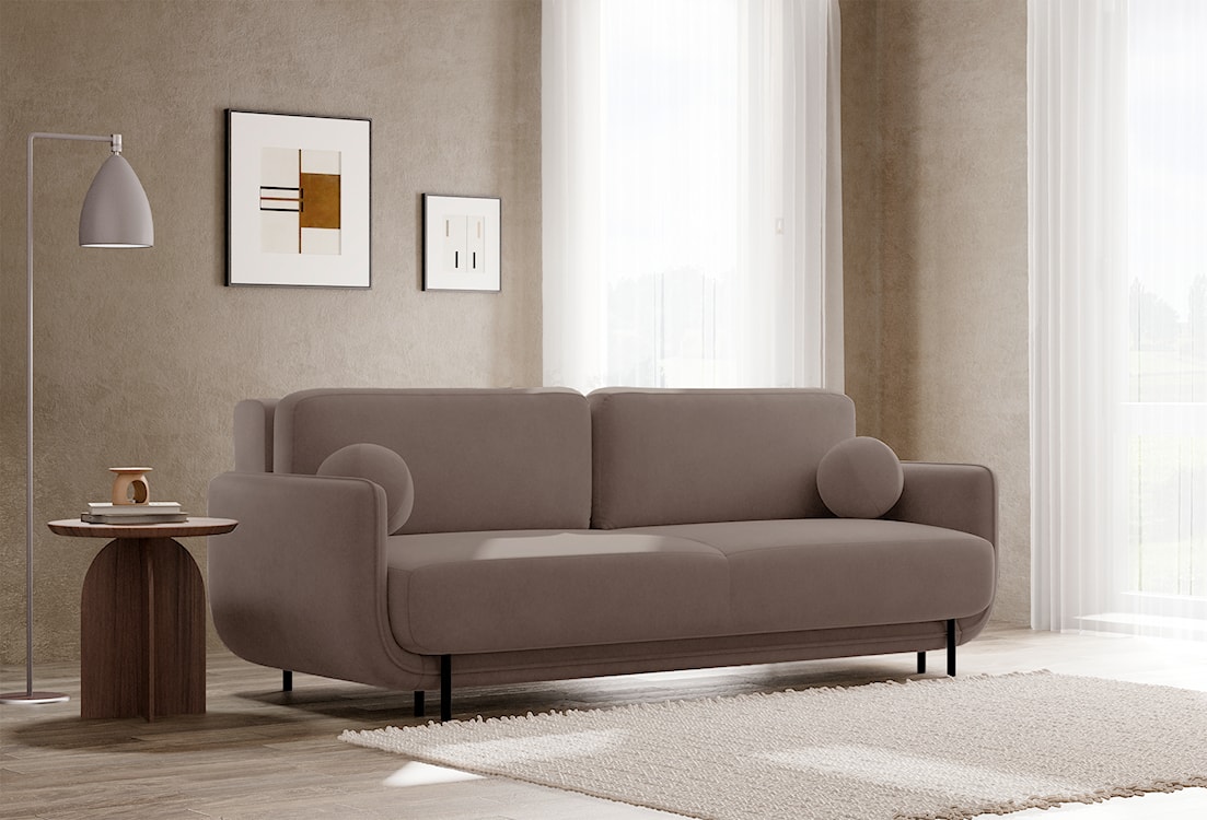 Kanapa rozkładana trzyosobowa Ovals jasnobrązowa welur  - zdjęcie 2