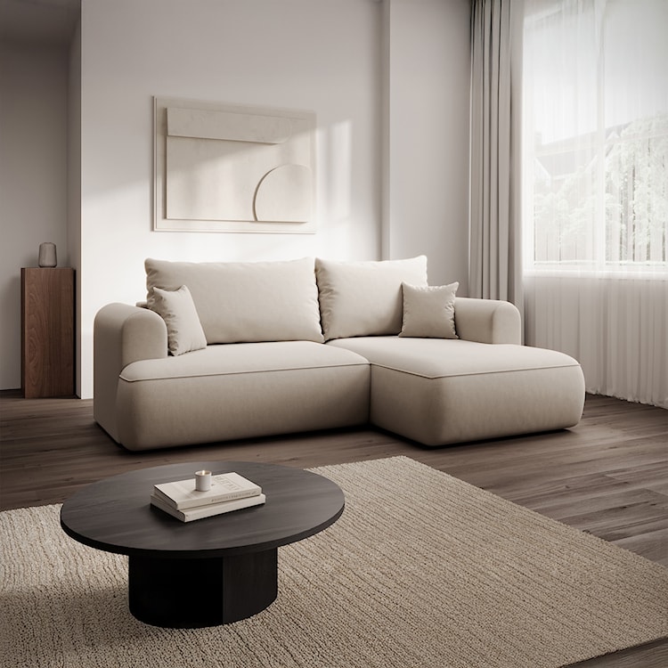 Narożnik z funkcją spania Ovo mini L-kształtny prawostronny z pojemnikiem kremowy welur łatwoczyszczący  - zdjęcie 9