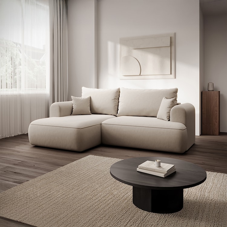 Narożnik z funkcją spania Ovo mini L-kształtny lewostronny z pojemnikiem kremowy welur łatwoczyszczący  - zdjęcie 9