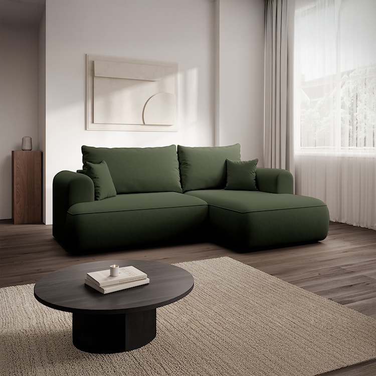 Narożnik z funkcją spania Ovo mini L-kształtny prawostronny z pojemnikiem oliwkowy welur łatwoczyszczący  - zdjęcie 2