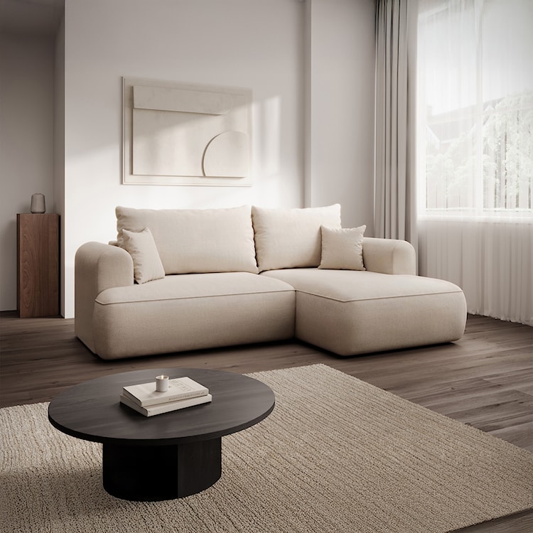 Narożnik z funkcją spania Ovo mini L-kształtny prawostronny z pojemnikiem kremowy szenil łatwoczyszczący  - zdjęcie 2