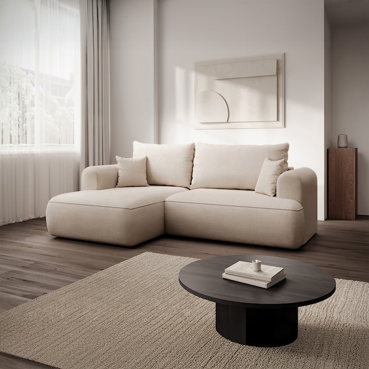 Narożnik z funkcją spania Ovo mini L-kształtny lewostronny z pojemnikiem kremowy szenil łatwoczyszczący  - zdjęcie 2