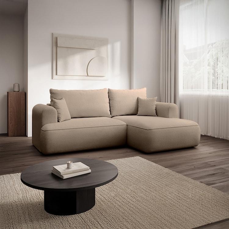 Narożnik z funkcją spania Ovo mini L-kształtny prawostronny z pojemnikiem beżowy szenil łatwoczyszczący  - zdjęcie 2