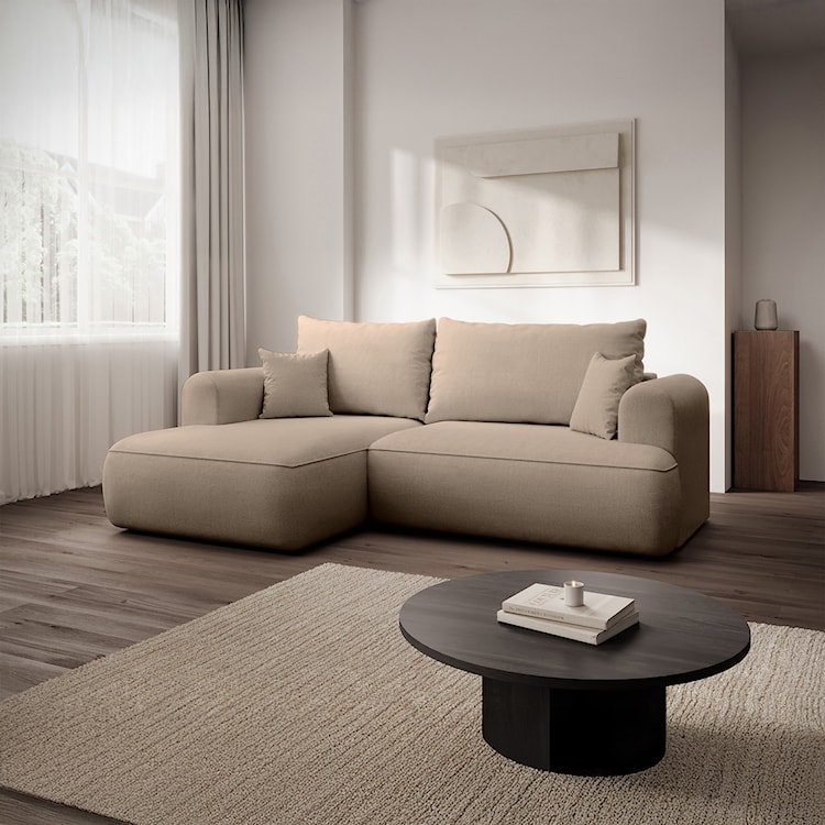 Narożnik z funkcją spania Ovo mini L-kształtny lewostronny z pojemnikiem beżowy szenil łatwoczyszczący  - zdjęcie 2