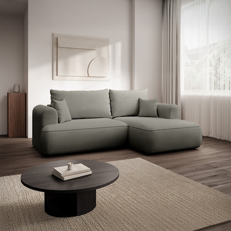 Narożnik z funkcją spania Ovo mini L-kształtny prawostronny z pojemnikiem jasnoszary szenil łatwoczyszczący  - zdjęcie 2