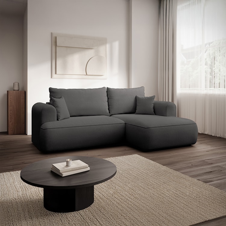 Narożnik z funkcją spania Ovo mini L-kształtny prawostronny z pojemnikiem ciemnoszary szenil łatwoczyszczący  - zdjęcie 2