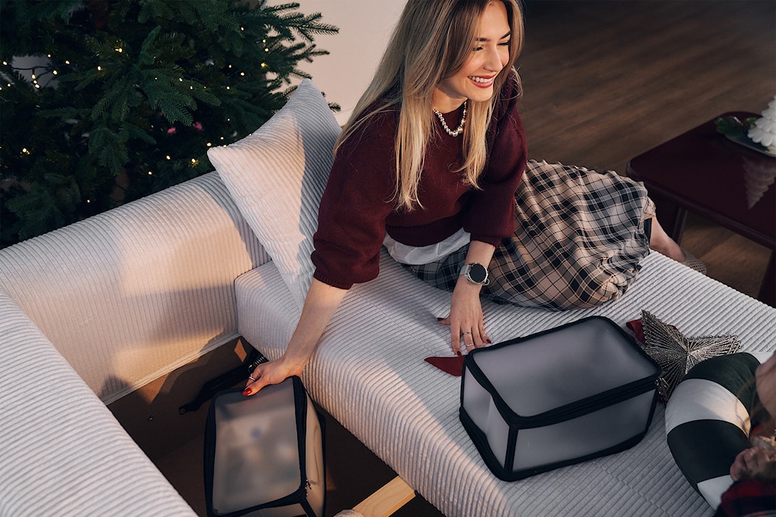 Narożnik z funkcją spania Ovo Cord L-kształtny lewostronny z pojemnikiem biały sztruks  - zdjęcie 10