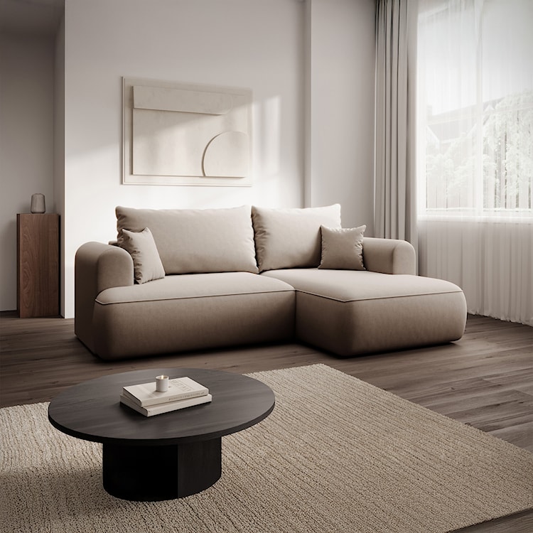 Narożnik z funkcją spania Ovo mini L-kształtny prawostronny z pojemnikiem beżowy welur łatwoczyszczący  - zdjęcie 2