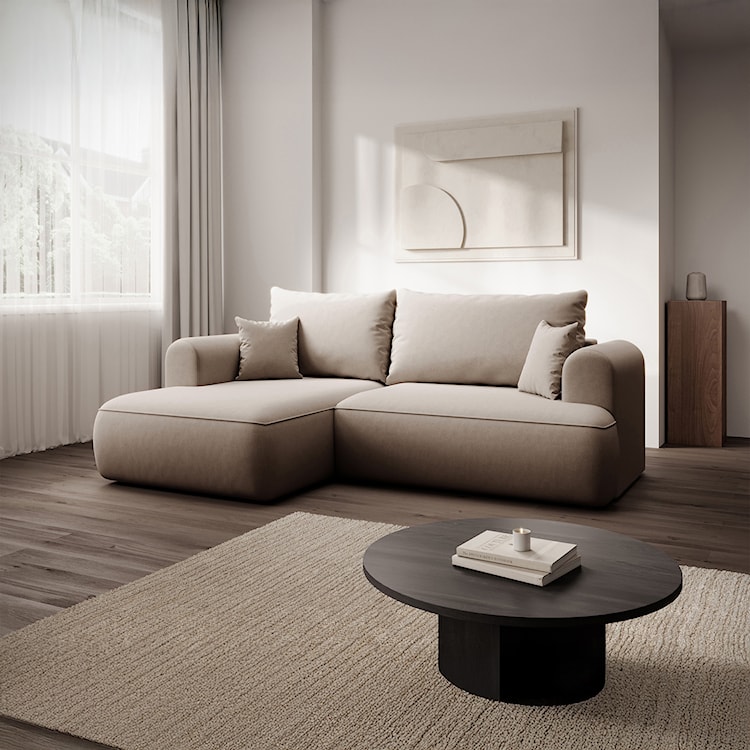 Narożnik z funkcją spania Ovo mini L-kształtny lewostronny z pojemnikiem beżowy welur łatwoczyszczący  - zdjęcie 2