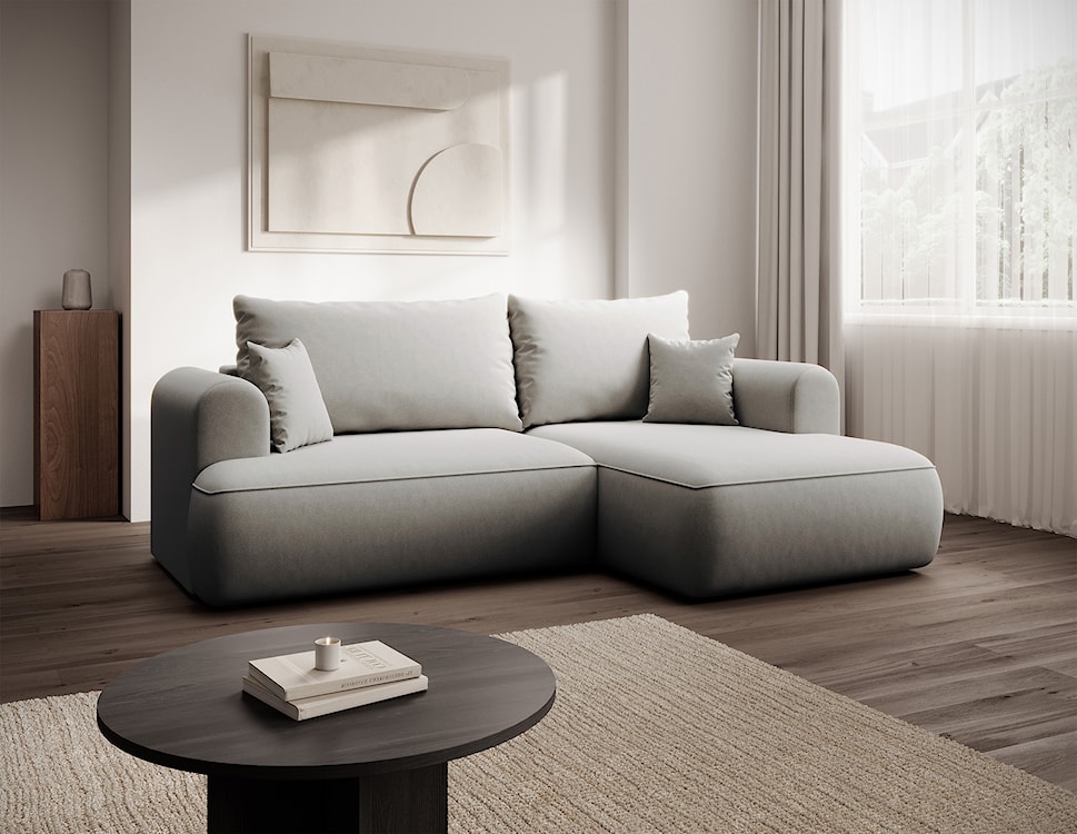 Narożnik z funkcją spania Ovo mini L-kształtny prawostronny z pojemnikiem szary welur łatwoczyszczący  - zdjęcie 2