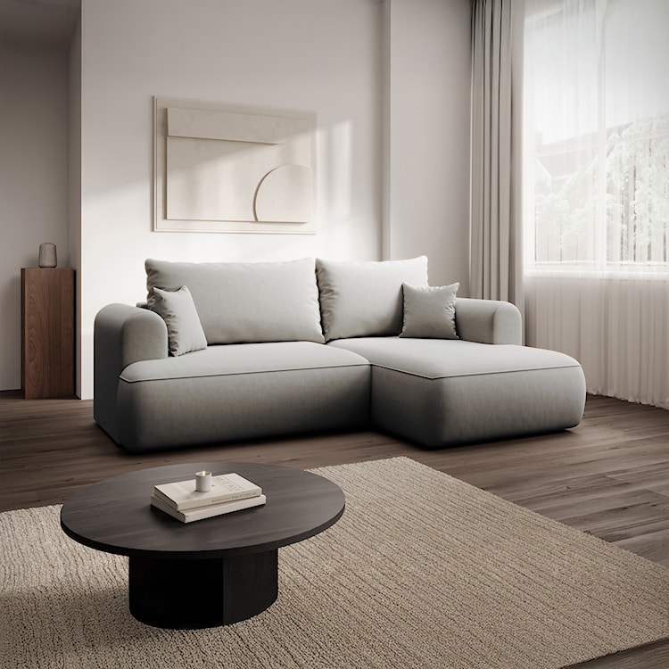 Narożnik z funkcją spania Ovo mini L-kształtny prawostronny z pojemnikiem szary welur łatwoczyszczący  - zdjęcie 2