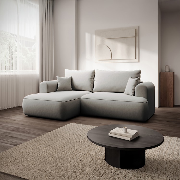 Narożnik z funkcją spania Ovo mini L-kształtny lewostronny z pojemnikiem szary welur łatwoczyszczący  - zdjęcie 2