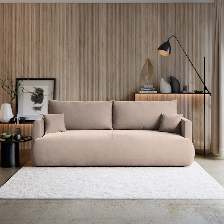 Kanapa rozkładana trzyosobowa Ovo mini z pojemnikiem beżowa welur łatwoczyszczący  - zdjęcie 2