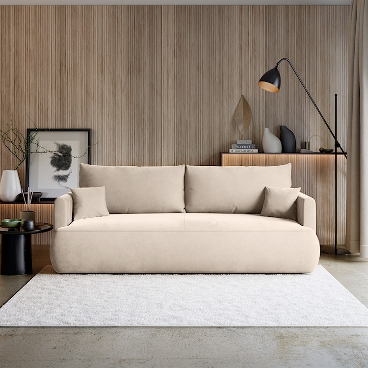 Kanapa rozkładana trzyosobowa Ovo mini z pojemnikiem jasnobeżowa welur łatwoczyszczący  - zdjęcie 2