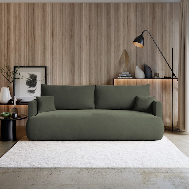 Kanapa rozkładana trzyosobowa Ovo mini z pojemnikiem oliwkowa welur łatwoczyszczący  - zdjęcie 2