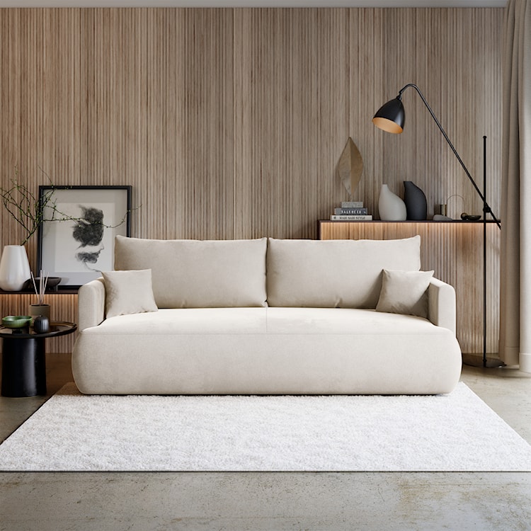 Kanapa rozkładana trzyosobowa Ovo mini z pojemnikiem kremowa welur łatwoczyszczący  - zdjęcie 2