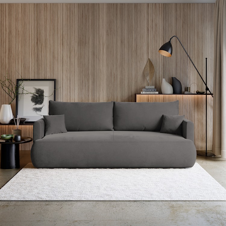 Kanapa rozkładana trzyosobowa Ovo mini z pojemnikiem ciemnoszara welur łatwoczyszczący  - zdjęcie 2