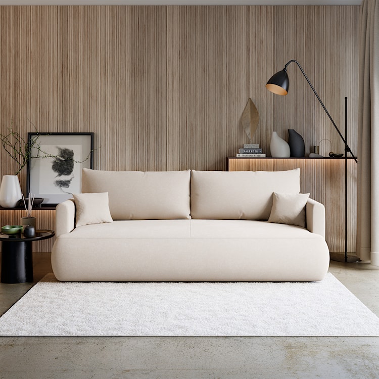 Kanapa rozkładana trzyosobowa Ovo mini z pojemnikiem kremowa szenil łatwoczyszczący  - zdjęcie 2