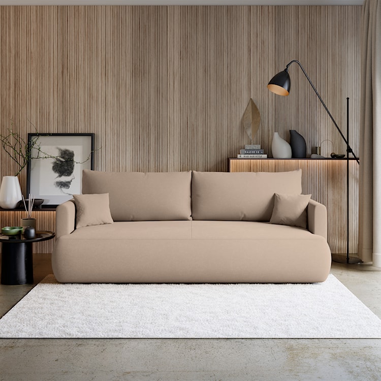 Kanapa rozkładana trzyosobowa Ovo mini z pojemnikiem beżowa szenil łatwoczyszczący  - zdjęcie 2