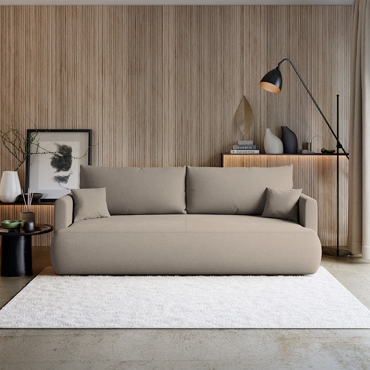 Kanapa rozkładana trzyosobowa Ovo mini z pojemnikiem szarobeżowa szenil łatwoczyszczący  - zdjęcie 2