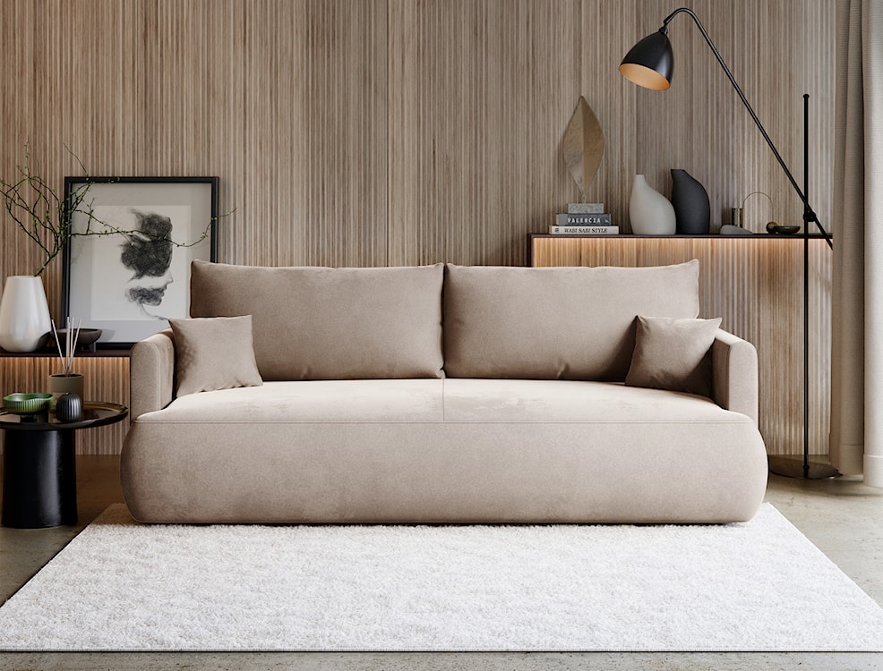 Kanapa rozkładana trzyosobowa Ovo mini z pojemnikiem beżowa welur łatwoczyszczący  - zdjęcie 2