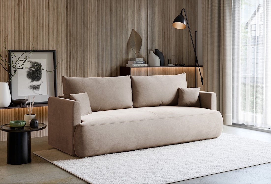 Kanapa rozkładana trzyosobowa Ovo mini z pojemnikiem beżowa welur łatwoczyszczący  - zdjęcie 3